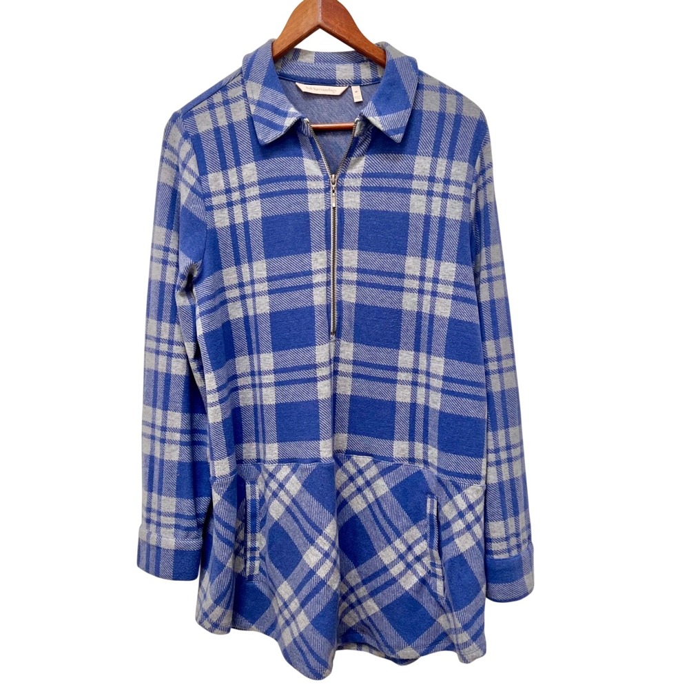 Soft Surroundings Blue Grey Plaid Quarter Zip Tunic Top Womens M‎ Fleece Pockets